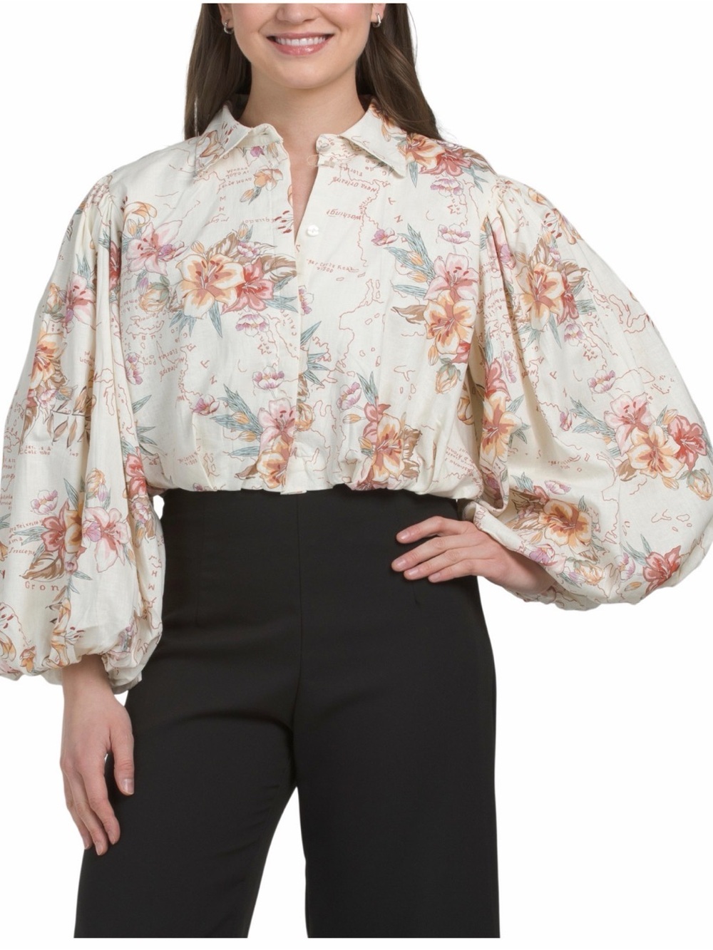 Calypso St. Barth Ivory Floral Puff-Sleeve Cropped Blouse - Picture 3 of 5